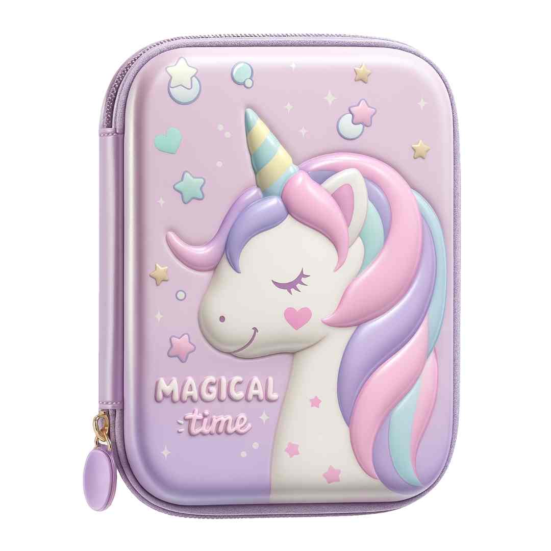 Purple unicorn pencil box for girls with 3D hard shell and sparkly design