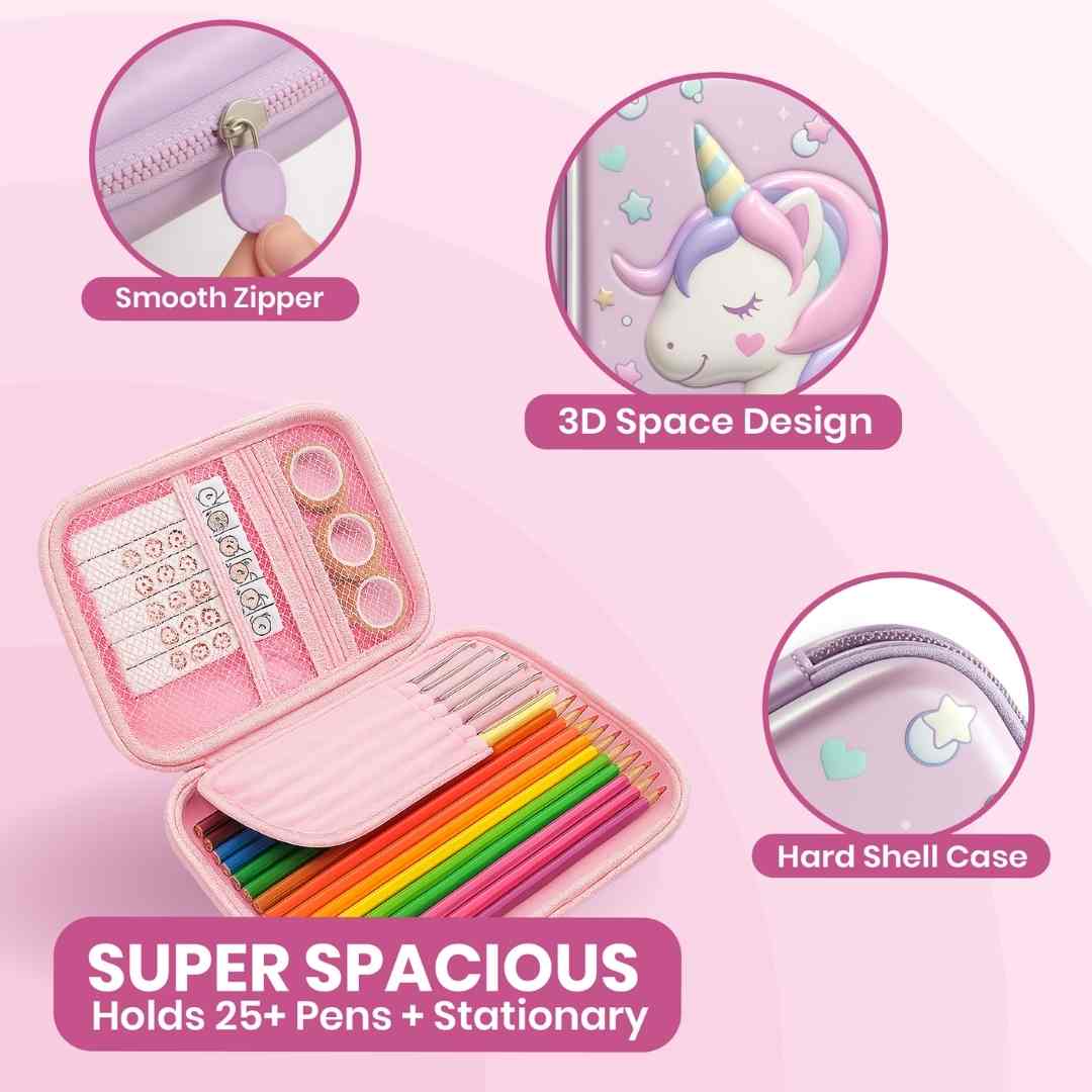 Famyo unicorn pencil case for kids with compartments and zipper