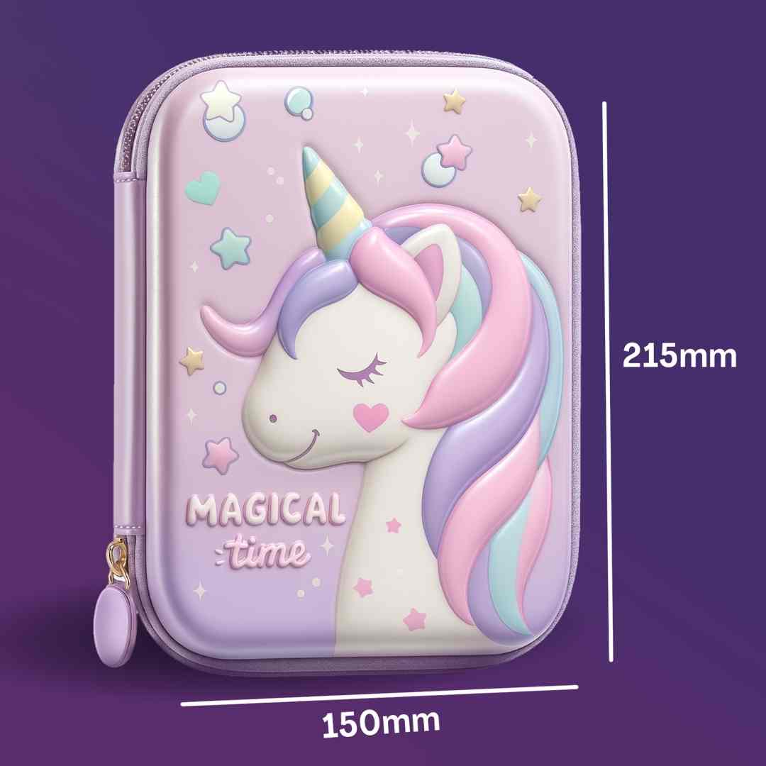 Hard shell pencil box for girls featuring magical unicorn print