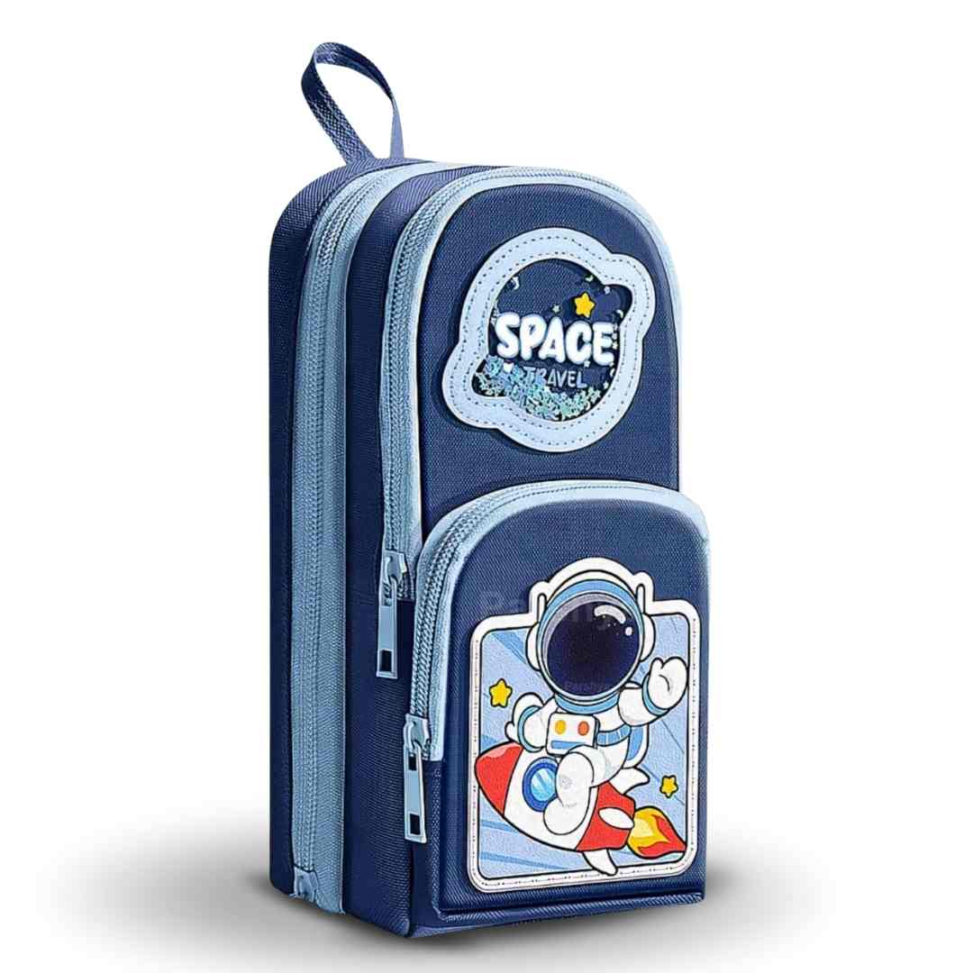 Blue space pencil pouch with 3 compartments for boys and girls
