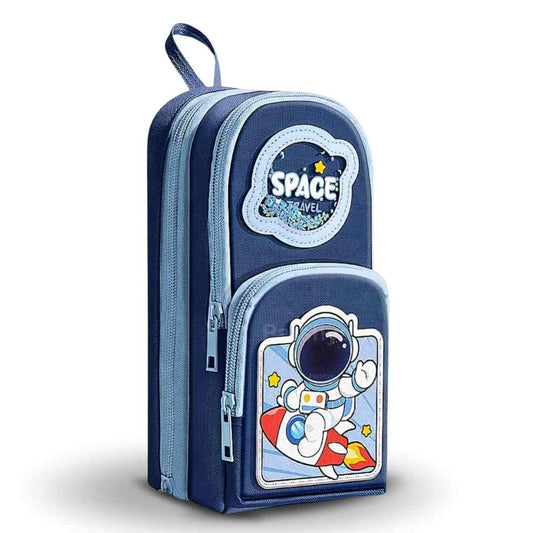 Blue space pencil pouch with 3 compartments for boys and girls