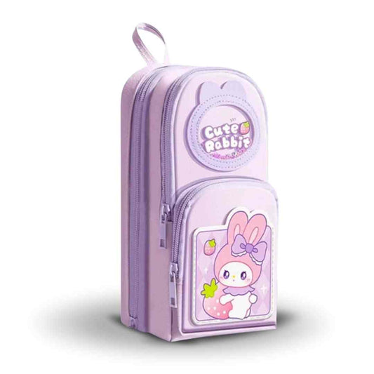 Pink rabbit pencil pouch for girls with 3 compartments