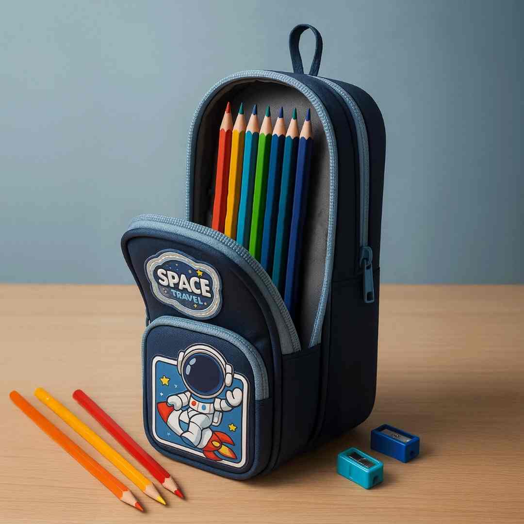 Famyo pencil pouch with rocket and stars print in blue color