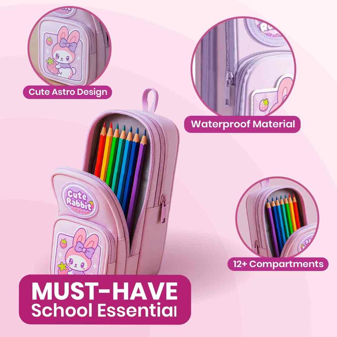 Famyo pink pencil pouch with rabbit print for kids stationery