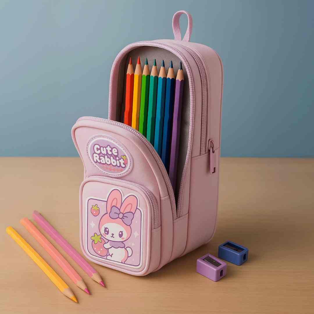 Soft pencil case with bunny design and multiple compartments