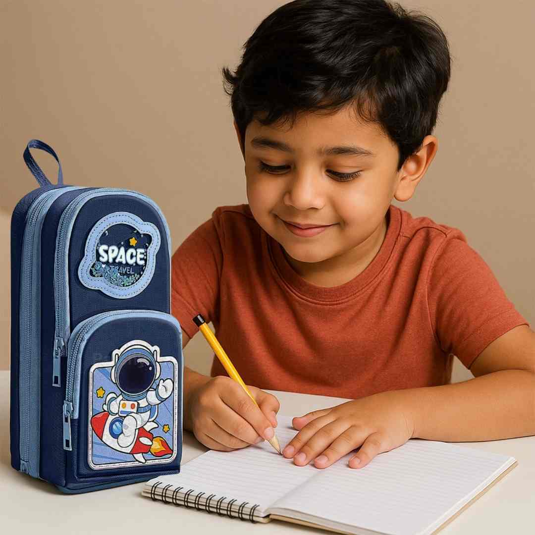 Large capacity blue space pencil case with triple zipper pockets