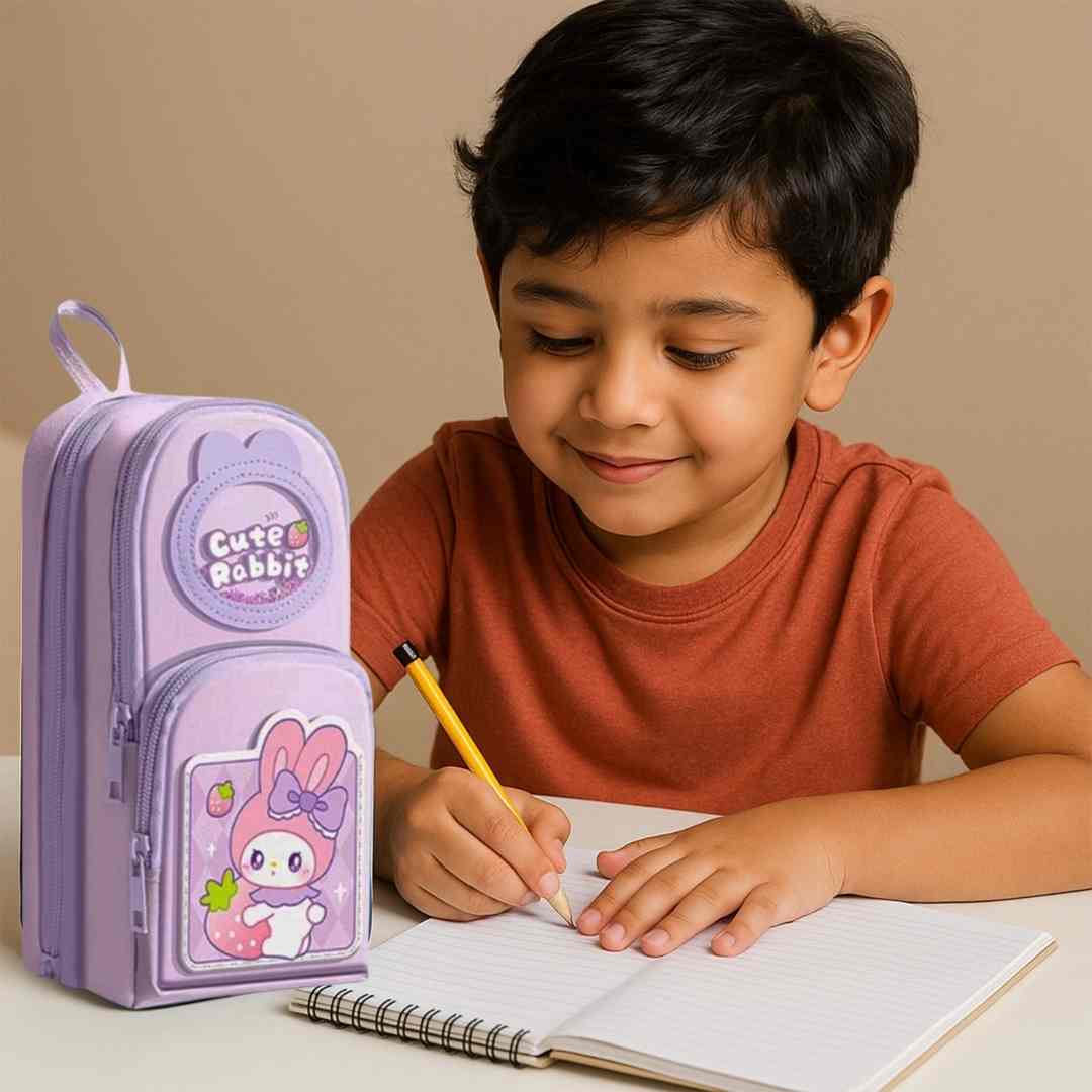 Triple-compartment pink rabbit pouch for kids school use