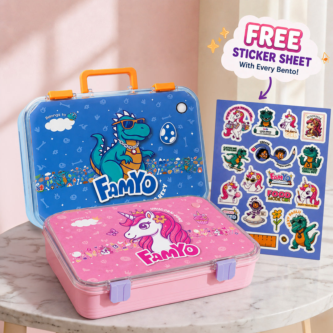 Famyo Kids Bento Lunch Box Combo – Rexy Dino & June Unicorn | Leakproof Tiffin Box Set | 3 Stainless Steel Compartments | BPA-Free School Lunch Box for Kids