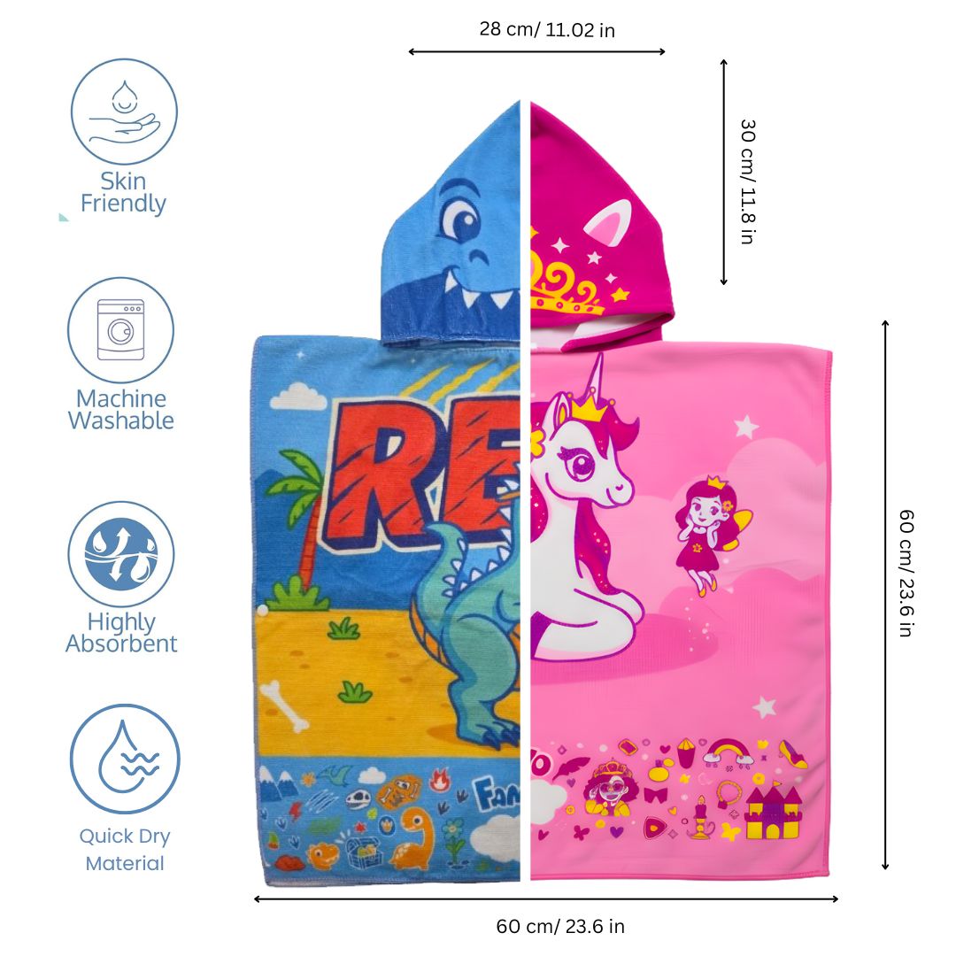 Rexy the Dino & June Unicorn Hooded Bath Towel, Set of 2 | 100% Microfiber Poncho Towel for Kids (1-7 Years)