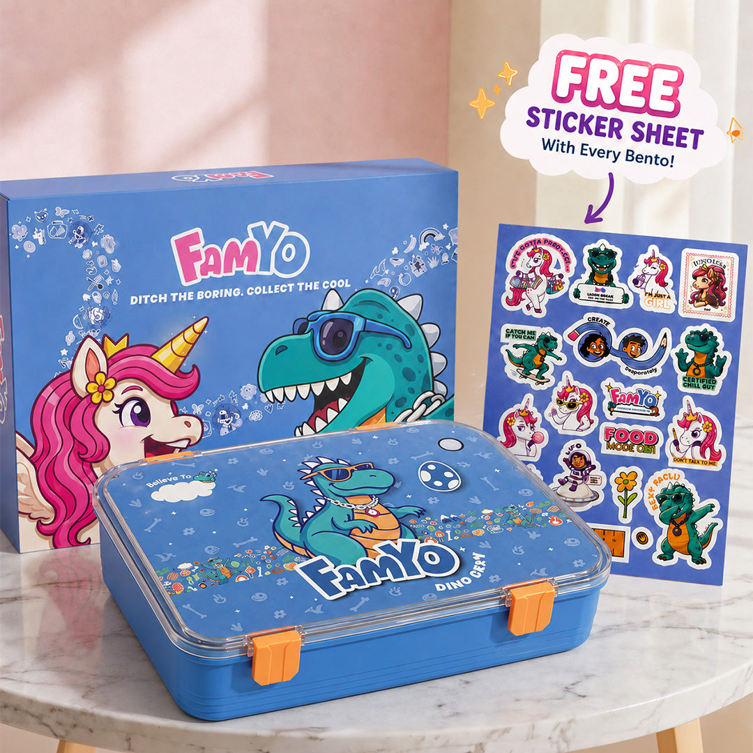 Famyo Rexy Dino Bento Lunch Box for Kids | Leakproof Kids Tiffin Box | 3 Stainless Steel Compartments | BPA-Free School Lunch Box
