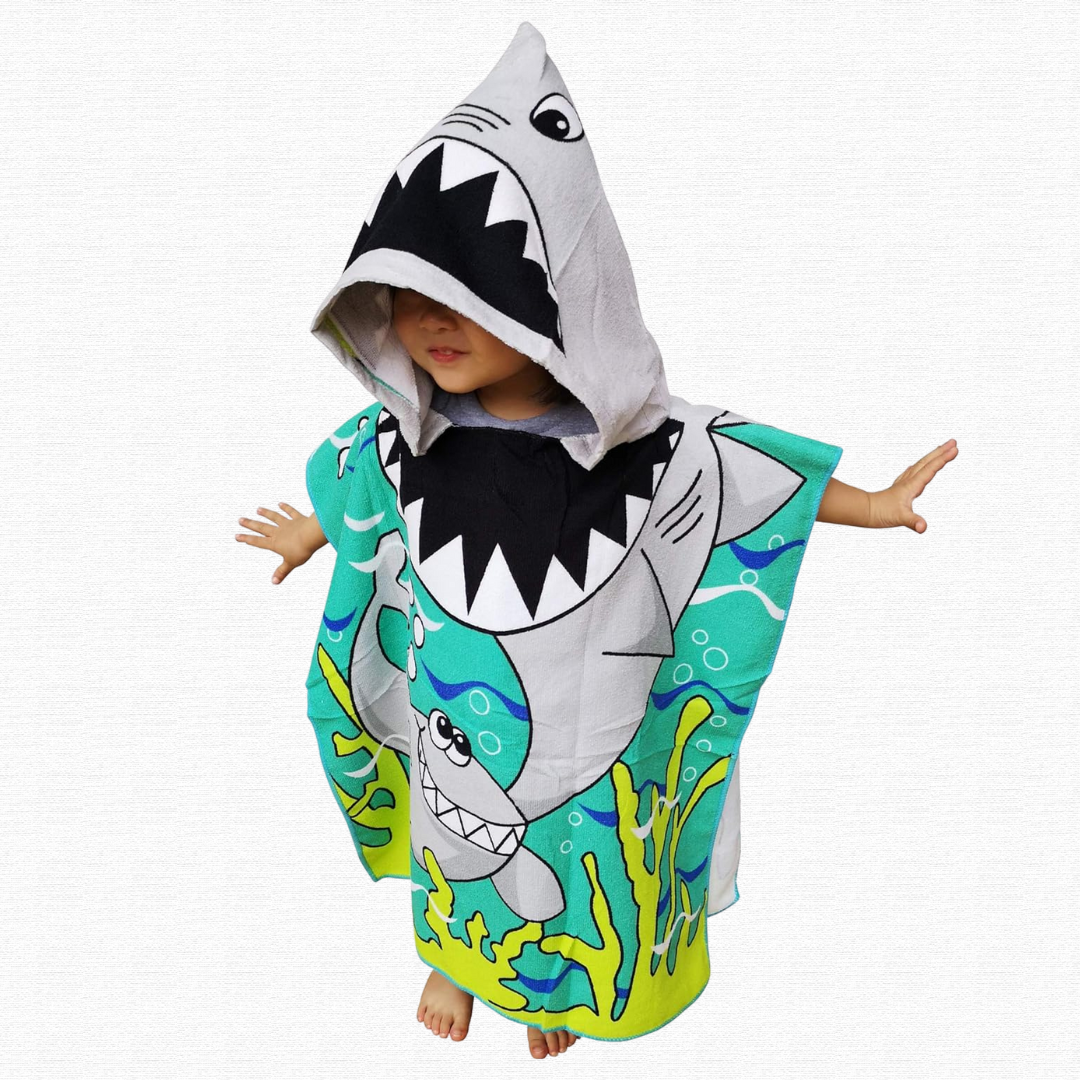 Cute Shark Poncho Bath Towel for Kids, 1-7 years, 60 x 60cm | 100% Cotton, Skin-Friendly Microfiber Hooded Toddler Pool Towel | Quick-Drying, Water Absorbing, Full-Size Bathrobe