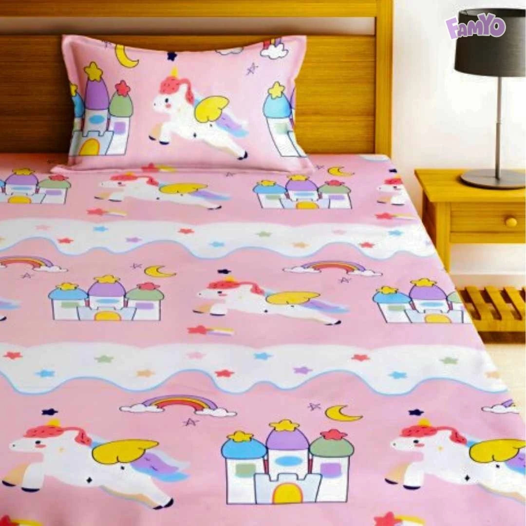 Famyo bedsheet for kids - with cute pastel unicorns and zipper pillow covers