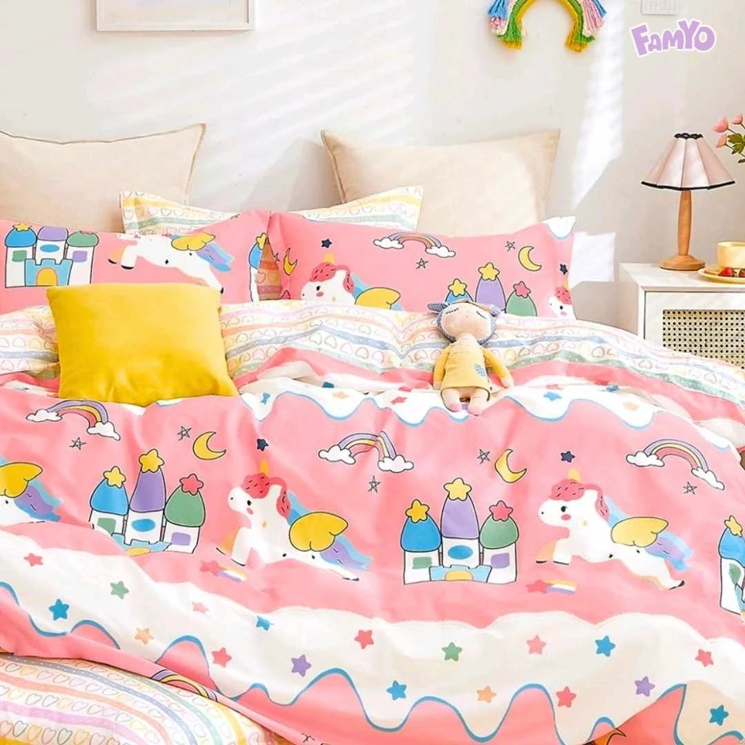 300 TC microfiber fitted bedsheet for kids with whimsical unicorn world artwork