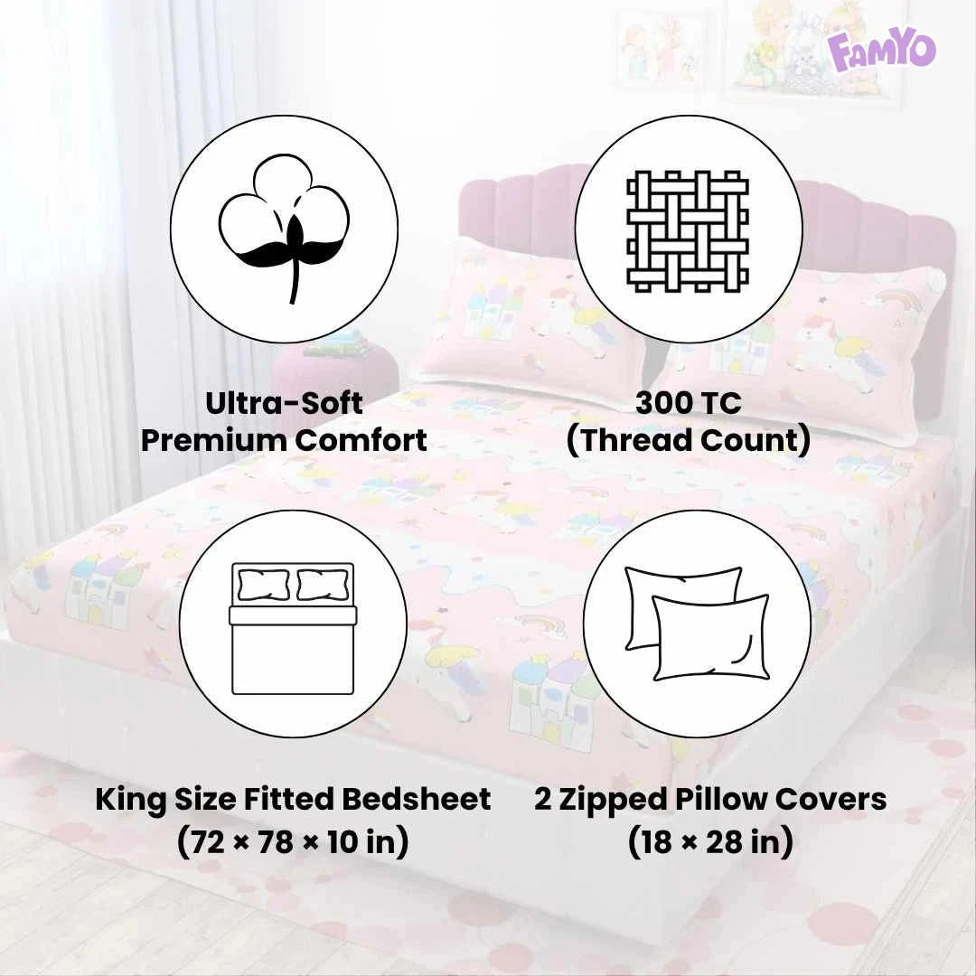 Famyo bedsheet with cute unicorn print and zipped pillow covers for children’s room