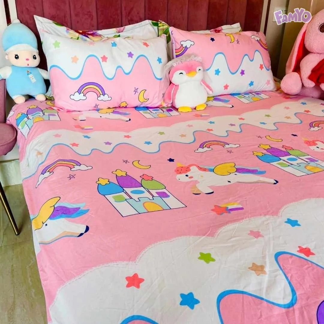 Cute unicorn bed sheet for girls – Famyo 3pc set with king size fit