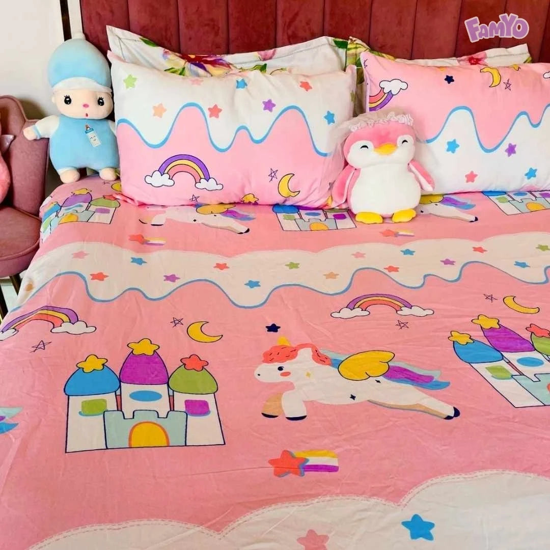 Soft 300 thread count aesthetic bedsheet set with dreamy unicorn world print