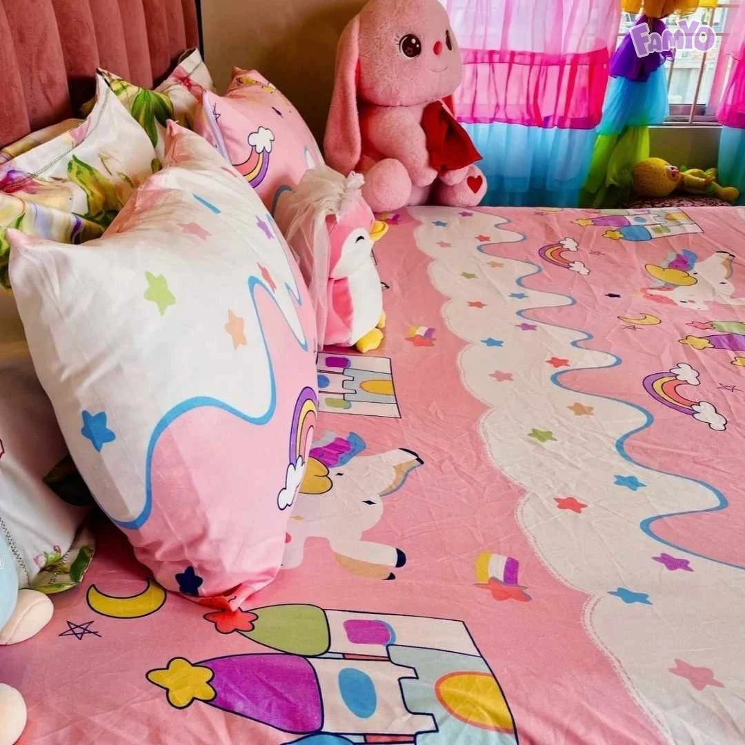 Famyo unicorn bedsheet set – fitted for 78x72 inch bed with secure pillow covers
