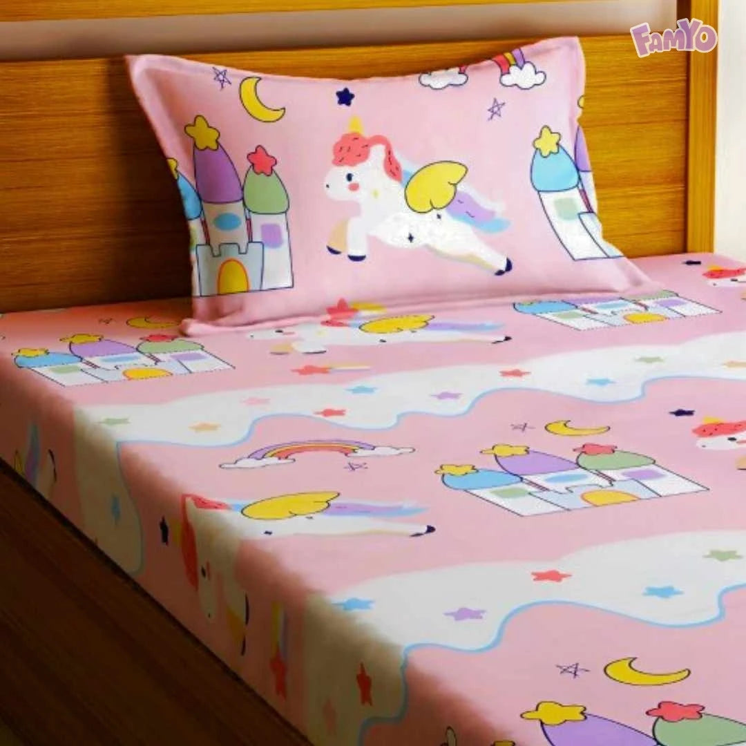 3pc King Size Bedsheet Set – Fitted Bedsheet Pillow Covers Dreamy Unicorn World Kids Bedding