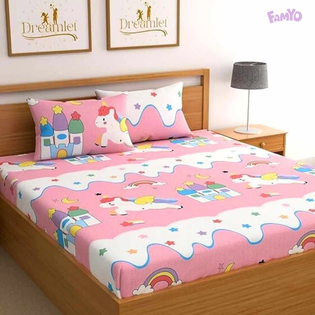 Dreamy Unicorn World Famyo bedsheet set with 1 fitted bedsheet and 2 zipped pillow covers
