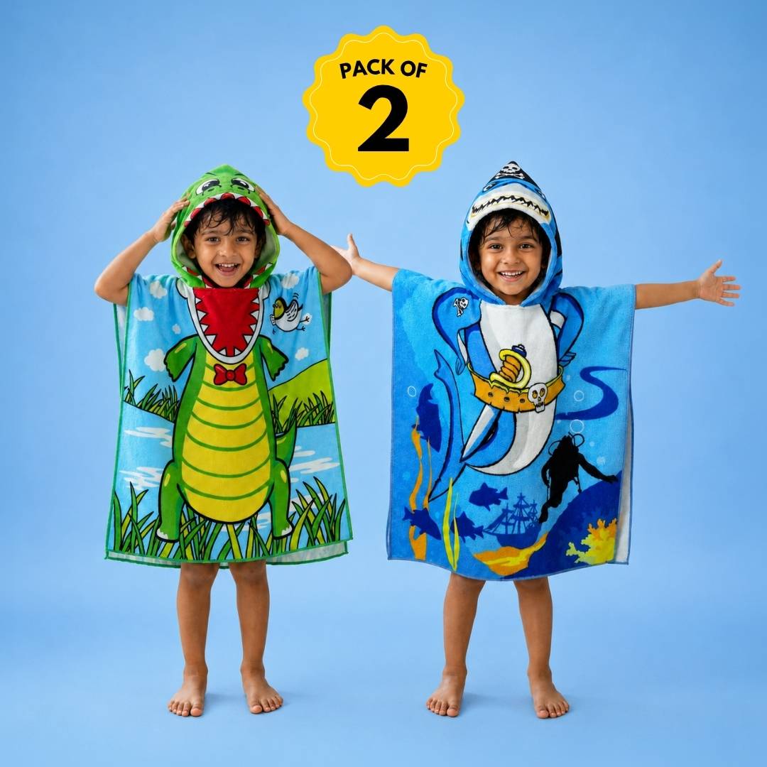 Pirate Baby Shark and Crocodile hooded poncho towel set for kids featuring premium quick-dry microfiber fabric, soft and lightweight wearable design, high absorbency, hooded coverage, travel-friendly construction, and perfect for bath time, swimming lessons, beach trips, pool days, vacations, and everyday use.