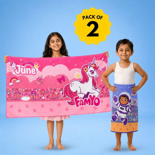 June the Unicorn and Leo the Astronaut kids towel combo featuring two soft quick-dry terry towels, lightweight absorbent fabric, 70 × 140 cm size, and perfect for bath, beach, pool, swimming, travel, and everyday use.