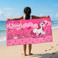 June the Unicorn kids towel featuring soft quick-dry terry fabric, lightweight absorbent design, 70 × 140 cm size, and ideal for bath, beach, pool, swimming, travel, and everyday use.