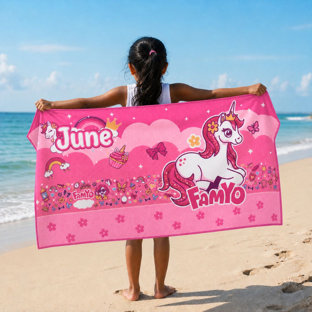 June the Unicorn kids towel featuring soft quick-dry terry fabric, lightweight absorbent design, 70 × 140 cm size, and ideal for bath, beach, pool, swimming, travel, and everyday use.