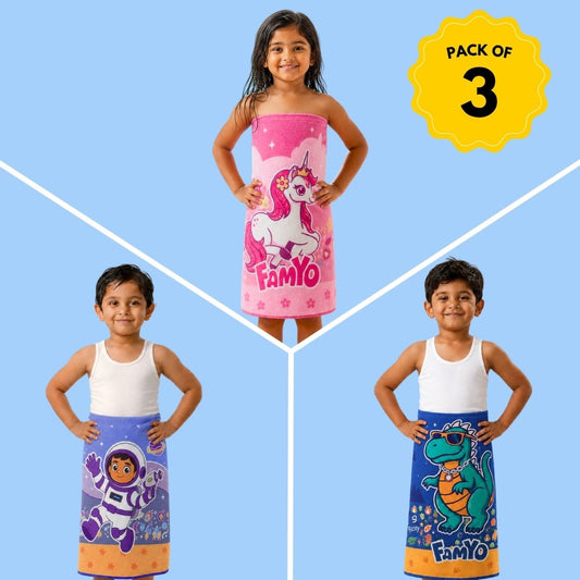 June the Unicorn, Leo the Astronaut and Rexy the Dino kids towel combo pack of 3 featuring soft quick-dry terry towels, lightweight absorbent fabric, 70 × 140 cm size, and ideal for bath, beach, pool, swimming, travel, and everyday use.