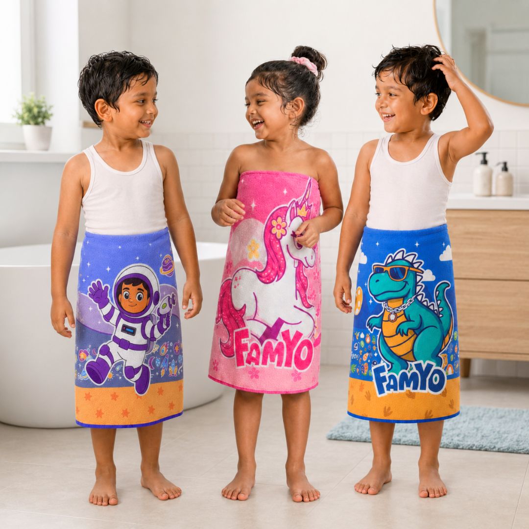June the Unicorn, Leo the Astronaut and Rexy the Dino kids towel combo pack of 3 featuring soft quick-dry terry towels, lightweight absorbent fabric, 70 × 140 cm size, and ideal for bath, beach, pool, swimming, travel, and everyday use.