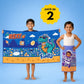 Rexy the Dino and Leo the Astronaut kids towel combo featuring two soft quick-dry terry towels, lightweight absorbent fabric, 70 × 140 cm size, and perfect for bath, beach, pool, swimming, travel, and everyday use.