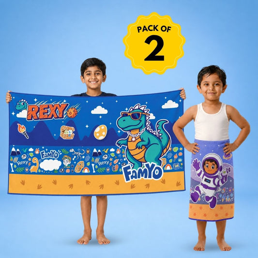 Rexy the Dino and Leo the Astronaut kids towel combo featuring two soft quick-dry terry towels, lightweight absorbent fabric, 70 × 140 cm size, and perfect for bath, beach, pool, swimming, travel, and everyday use.