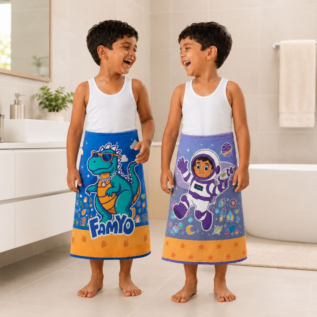 Rexy the Dino and Leo the Astronaut kids towel combo featuring two soft quick-dry terry towels, lightweight absorbent fabric, 70 × 140 cm size, and perfect for bath, beach, pool, swimming, travel, and everyday use.