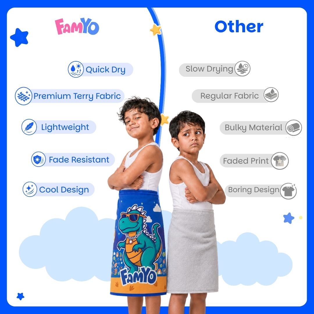 Rexy the Dino kids towel featuring soft quick-dry terry fabric, lightweight absorbent design, 70 × 140 cm size, and ideal for bath, beach, pool, swimming, travel, and everyday use.