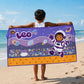 Leo the Astronaut kids towel featuring soft quick-dry terry fabric, lightweight absorbent design, 70 × 140 cm size, and ideal for bath, beach, pool, swimming, travel, and everyday use.
