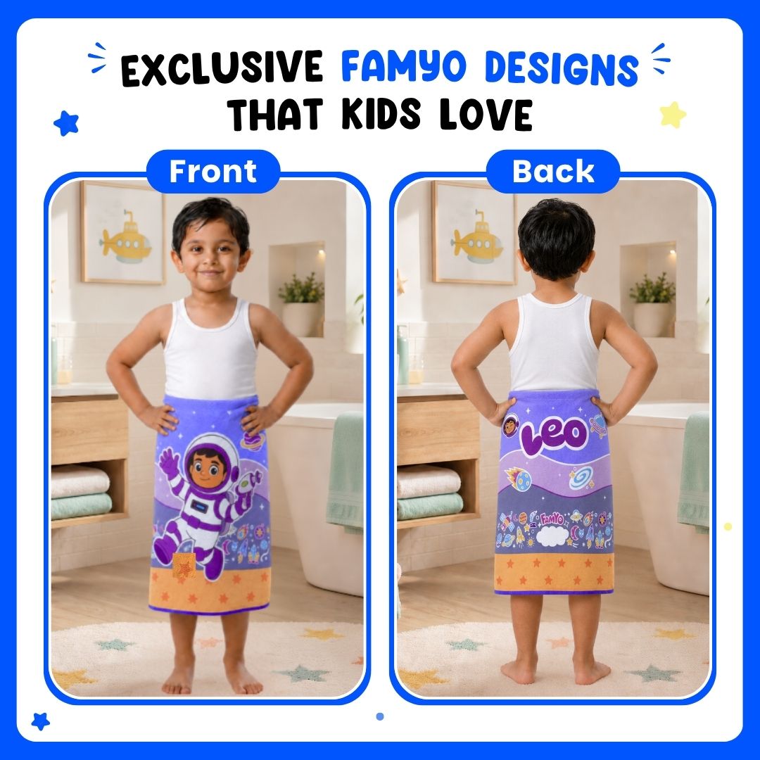 Leo the Astronaut kids towel featuring soft quick-dry terry fabric, lightweight absorbent design, 70 × 140 cm size, and ideal for bath, beach, pool, swimming, travel, and everyday use.