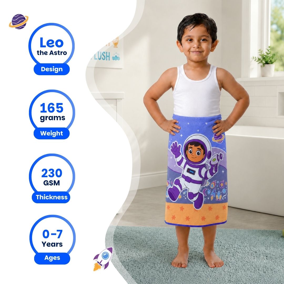 Leo the Astronaut kids towel featuring soft quick-dry terry fabric, lightweight absorbent design, 70 × 140 cm size, and ideal for bath, beach, pool, swimming, travel, and everyday use.
