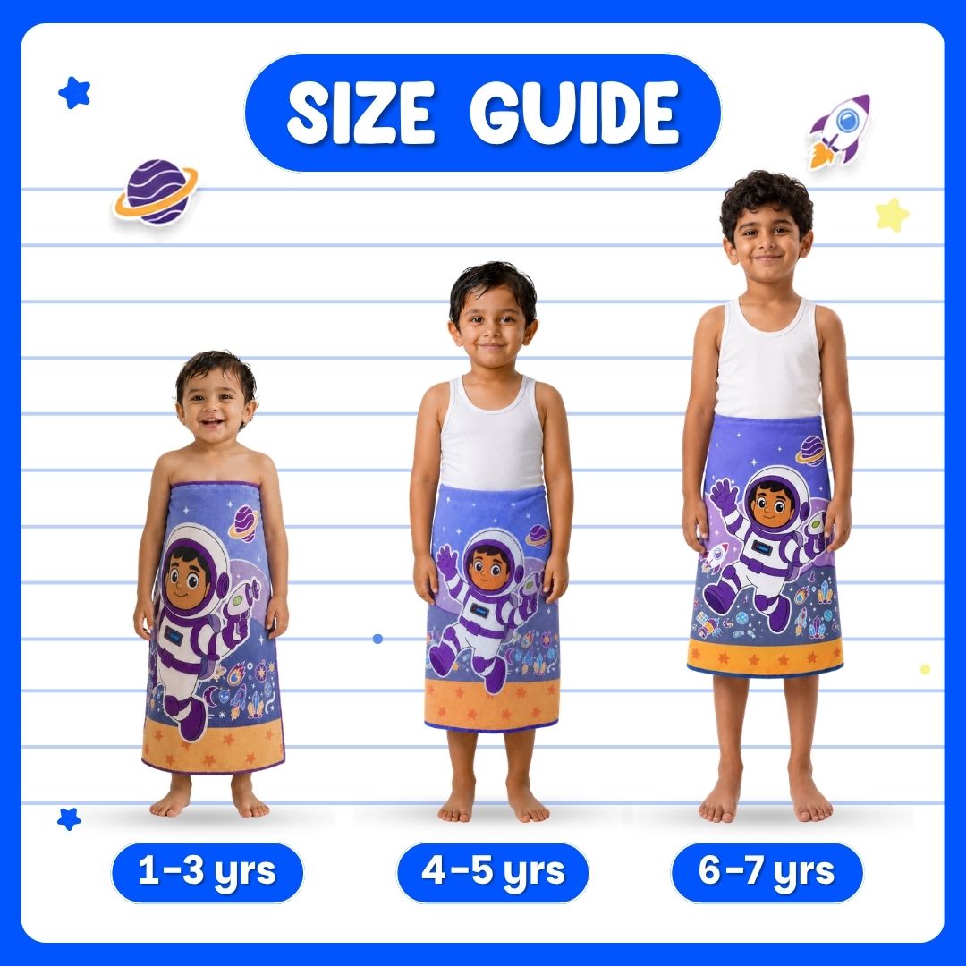 Leo the Astronaut kids towel featuring soft quick-dry terry fabric, lightweight absorbent design, 70 × 140 cm size, and ideal for bath, beach, pool, swimming, travel, and everyday use.