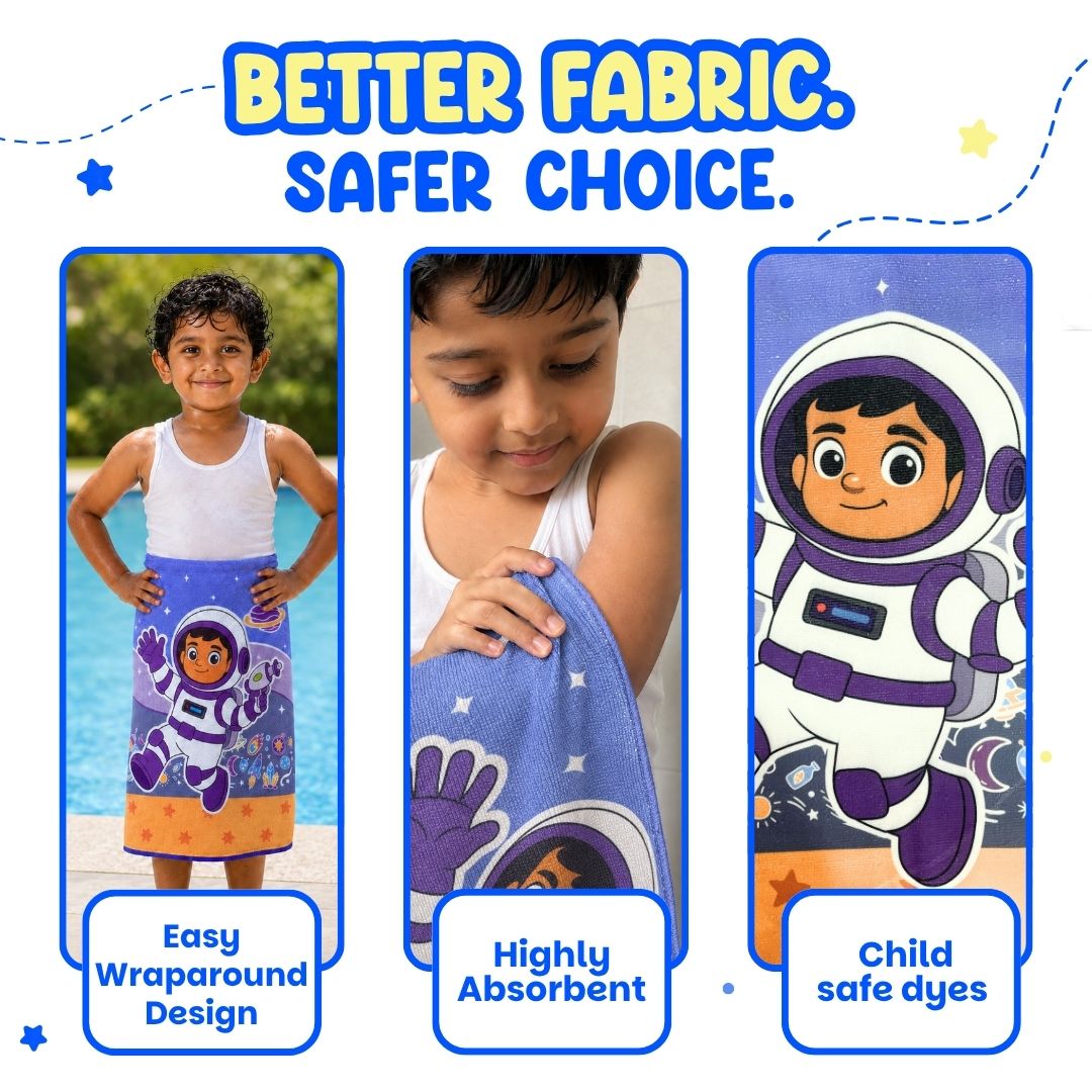 Leo the Astronaut kids towel featuring soft quick-dry terry fabric, lightweight absorbent design, 70 × 140 cm size, and ideal for bath, beach, pool, swimming, travel, and everyday use.