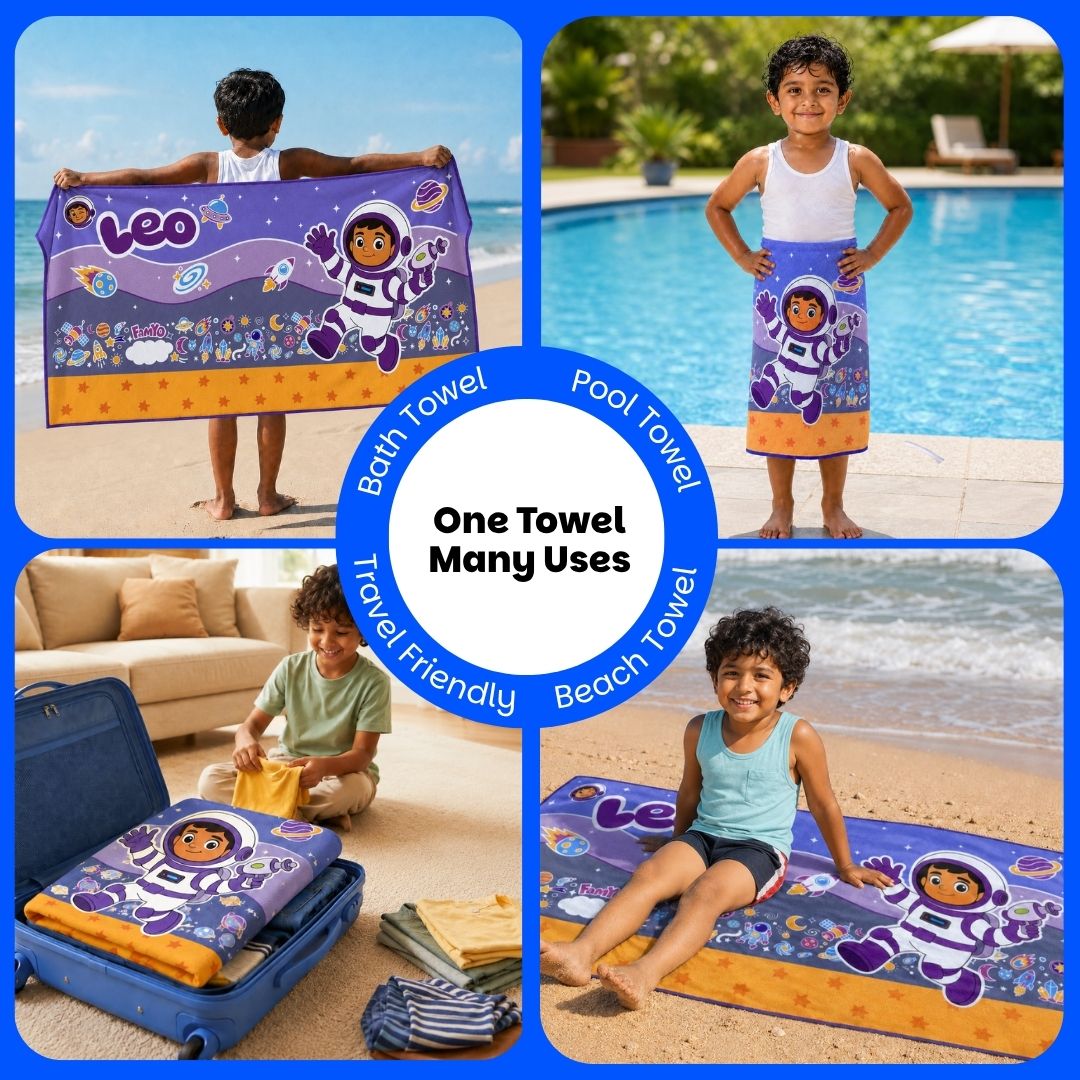 Leo the Astronaut kids towel featuring soft quick-dry terry fabric, lightweight absorbent design, 70 × 140 cm size, and ideal for bath, beach, pool, swimming, travel, and everyday use.