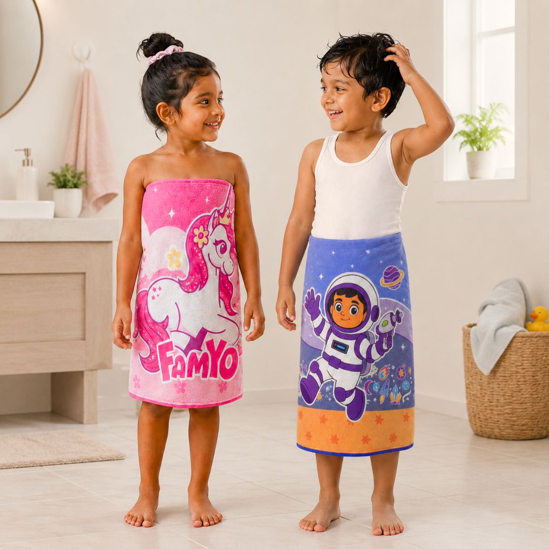 June the Unicorn and Leo the Astronaut kids towel combo featuring two soft quick-dry terry towels, lightweight absorbent fabric, 70 × 140 cm size, and perfect for bath, beach, pool, swimming, travel, and everyday use.