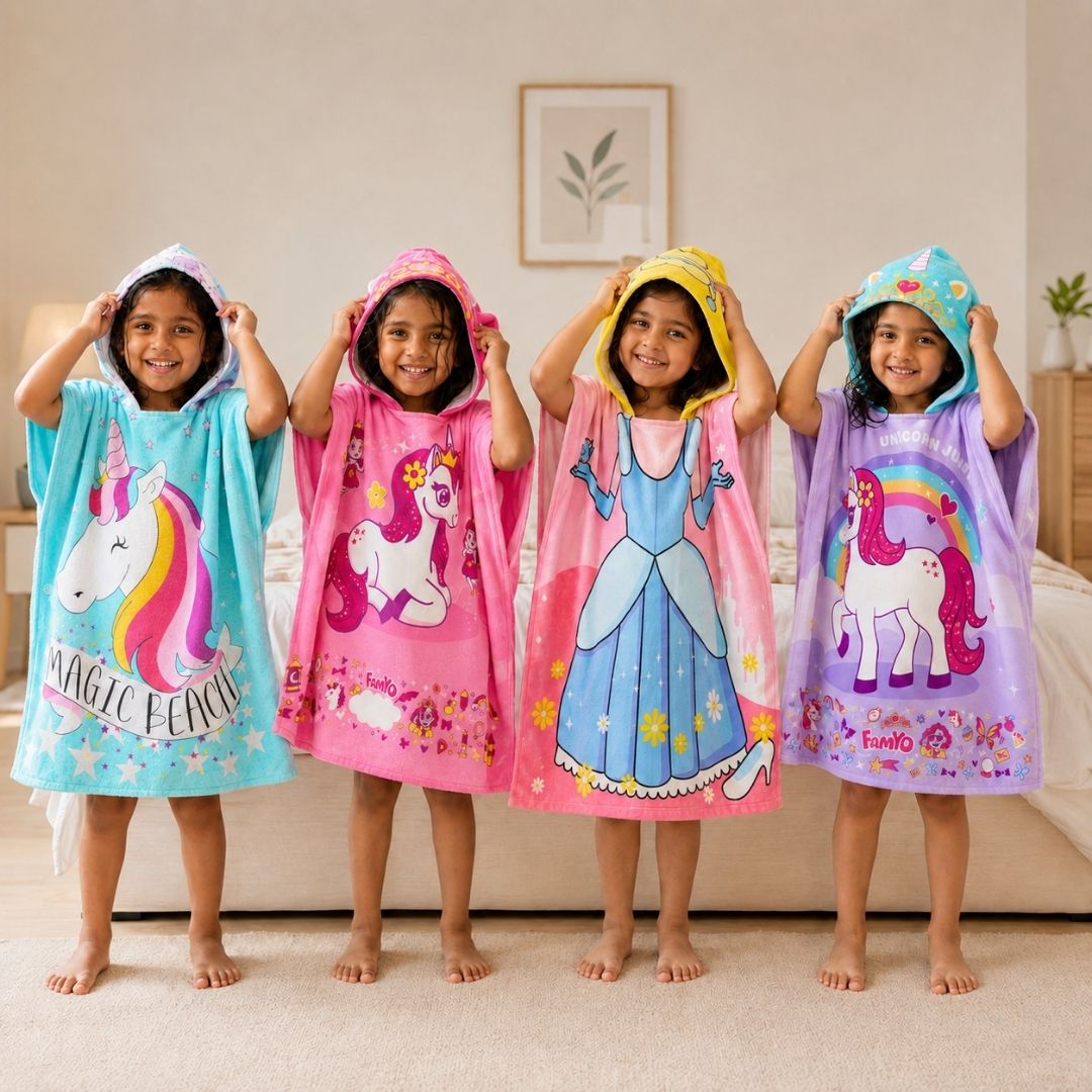 Pack of 4 - Famyo Hooded Poncho towels for kids - june the unicorn, magical princess, magic beach and purple june poncho towels - best for gifting