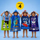 Rexy the Dino, Dark Blue Astronaut, Dark Blue Shark & Football Hooded Poncho Towel Combo for Kids | Pack of 4 Quick-Dry Microfiber Towels | Bath, Beach & Pool