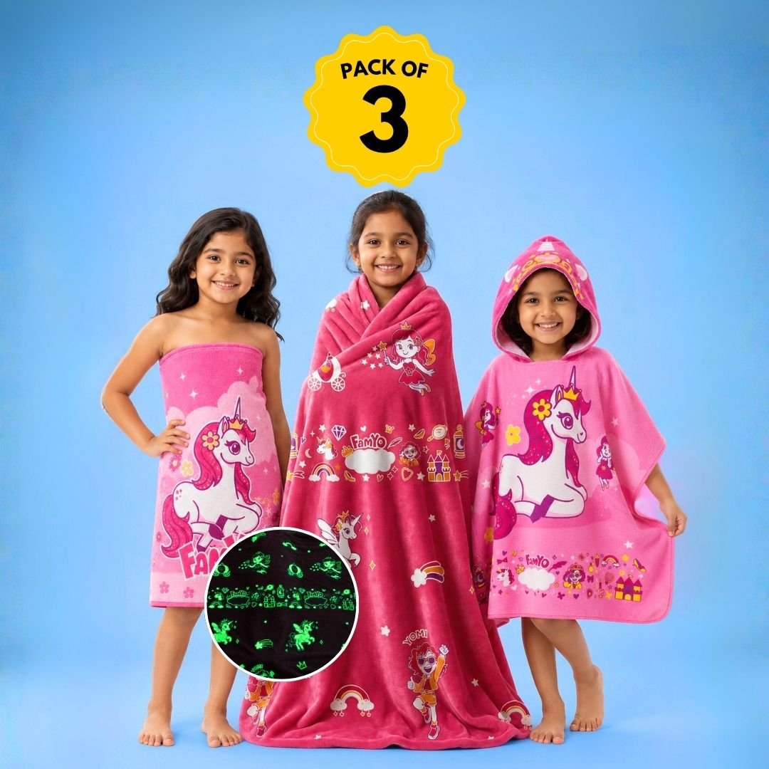 June the Unicorn kids combo featuring a Glow Blanket, Hooded Poncho Towel, and 70 × 140 cm quick-dry terry bath towel, designed for cozy bedtime, bath time, swimming, beach trips, and everyday use.