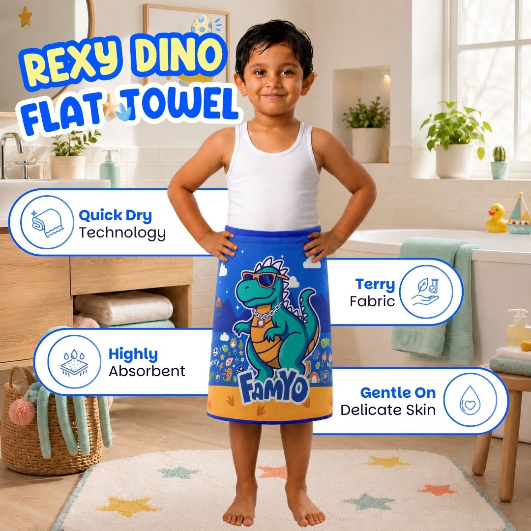 Rexy the Dino kids towel featuring soft quick-dry terry fabric, lightweight absorbent design, 70 × 140 cm size, and ideal for bath, beach, pool, swimming, travel, and everyday use.