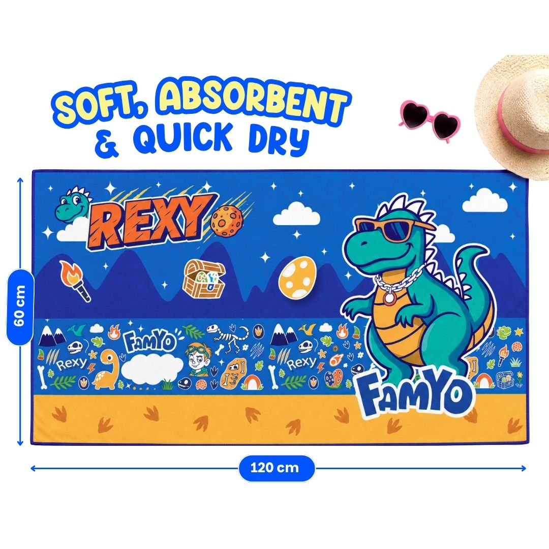 Rexy the Dino kids towel featuring soft quick-dry terry fabric, lightweight absorbent design, 70 × 140 cm size, and ideal for bath, beach, pool, swimming, travel, and everyday use.