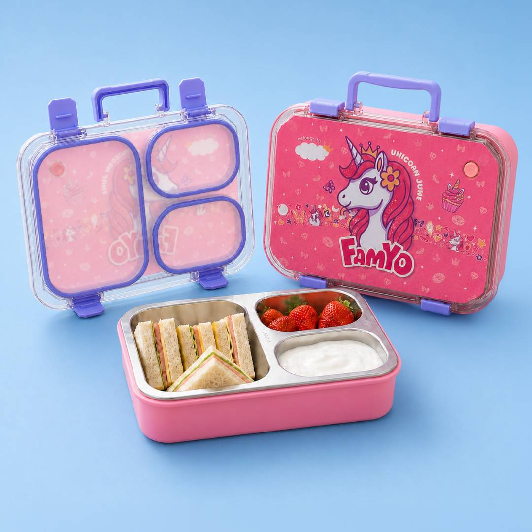 Famyo June the unicorn bento lunch box for kids - 3 compartments - stainless steel tiffin box
