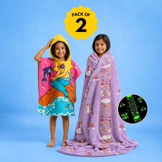 Mira the Mermaid Glow in the Dark Quilt/Blanket/AC Comforter & Pink Mermaid Hooded Poncho Towel Set for Kids | Glow Maxx Series  Option 2 (Gift-focused)