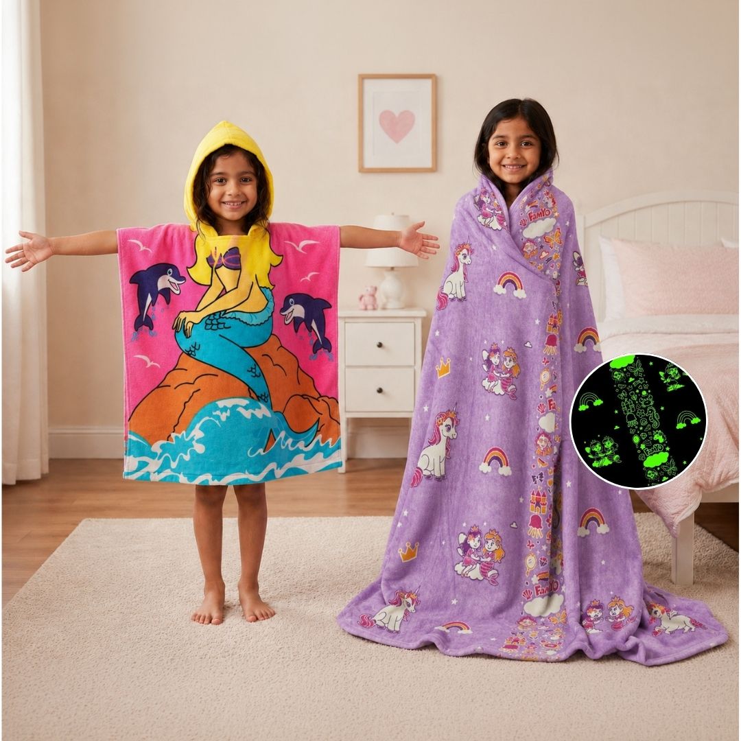Mira the Mermaid Glow in the Dark Blanket/Quilt/AC Comforter & Pink Mermaid Hooded Poncho Towel Set for Kids | Glow Maxx Series  Option 2 (Gift-focused)