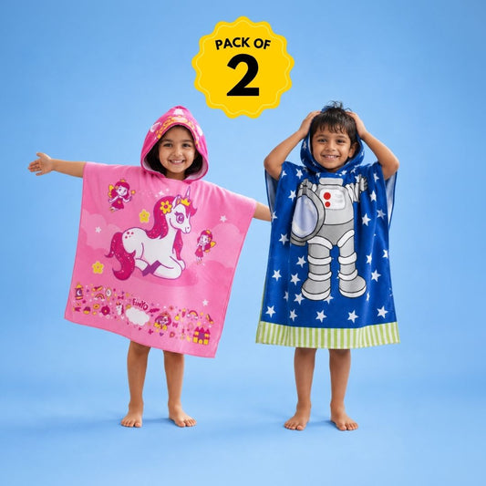 Astro & June the Unicorn Hooded Poncho Towels for Kids, Set of 2 | Microfiber Bath Towels