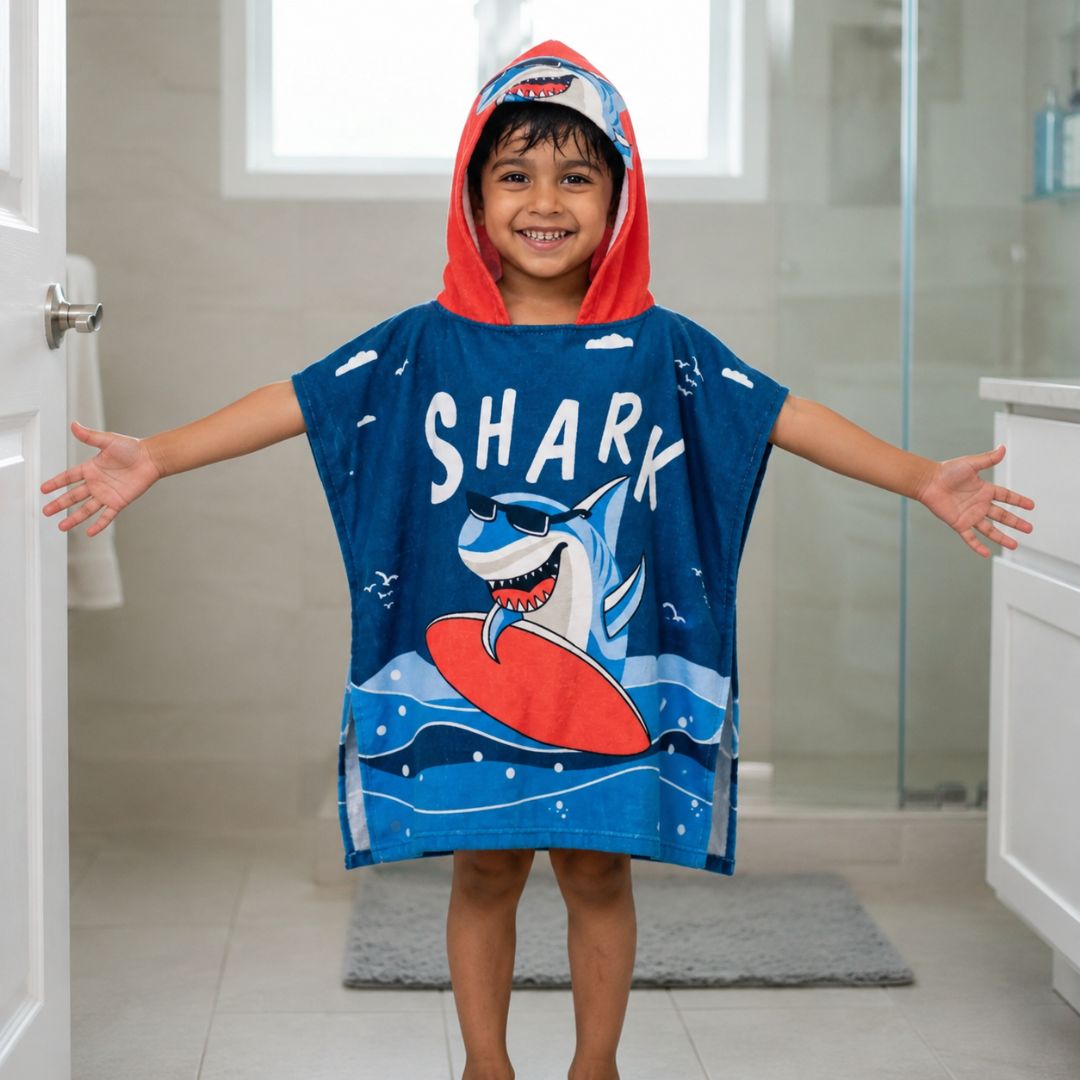 Dark Blue Shark Dive Hooded Poncho Towel for Kids | Quick-Dry, Highly Absorbent Microfiber Bath Towel